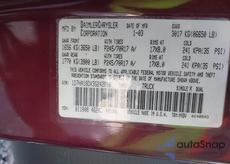 2003 Dodge Ram 1500 Slt/Laramie/St z USA, uszkodzony, nr VIN 1D7HA18DX3S242810